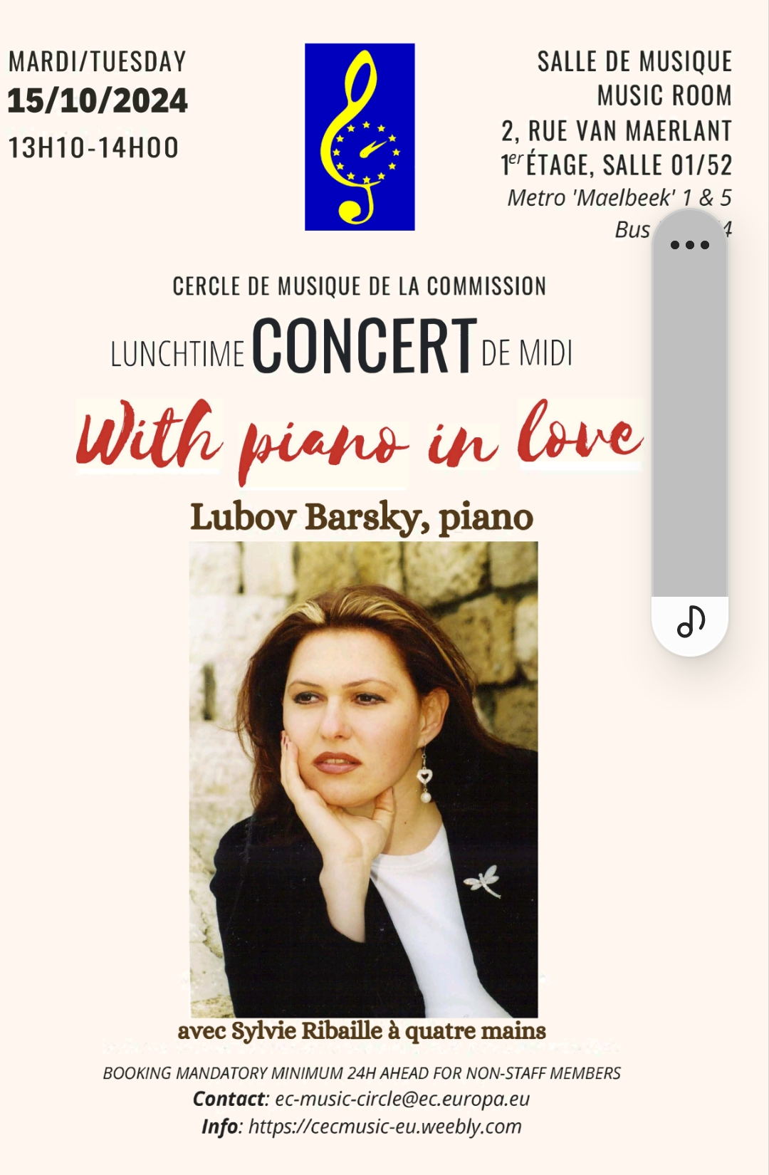 Affiche. Concert de midi - Lunchtime concert. Cercle de musique de la Commission. With piano in love. Lubov Barsky, piano avec Sylvie Ribaille à quatre mains. 2024-10-15